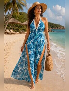 Tropical Palm Leaf Halter Maxi Cover Up Dress Open Back Resort Beach Large